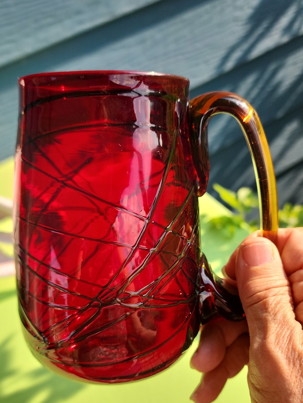 1987 Signed Antonia Hand Blown Threaded Art Glass Mug Ruby Amber